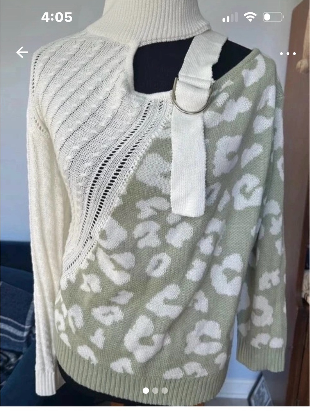 Asymmetrical Olive Green & Cream Leopard Knit Sweater with Ring Strap